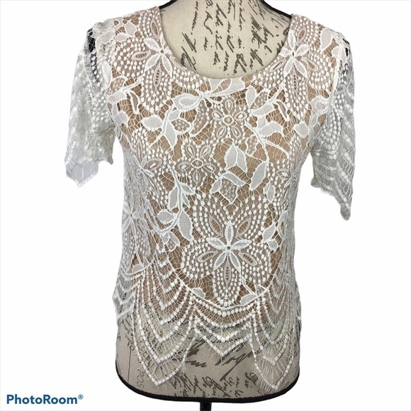 Express Tops - Express Floral Scalloped White Lace Overlay Top Size XS
